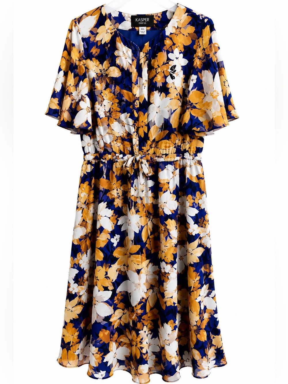 Kasper XXL Floral Midi Dress Flutter Sleeve Tie Waist Blue Tan